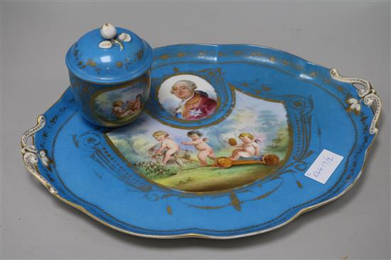 A Sevres style bleu celeste tray and sucrier tray 16in.